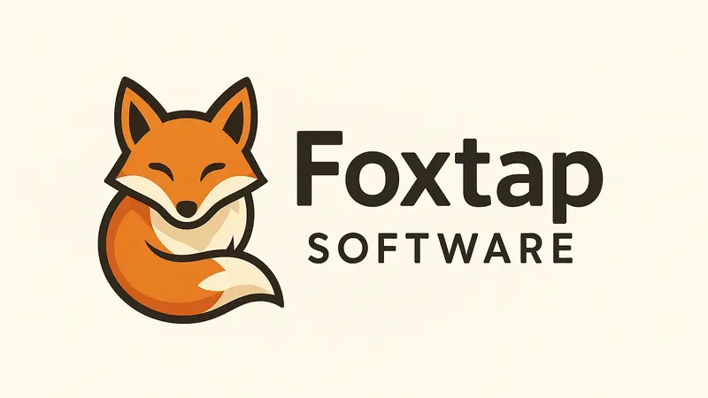 Introduction to Foxtpax Software featuring a stylized, smiling orange fox curled up with its tail, positioned next to bold black text reading "Foxtap Software" on a light background.